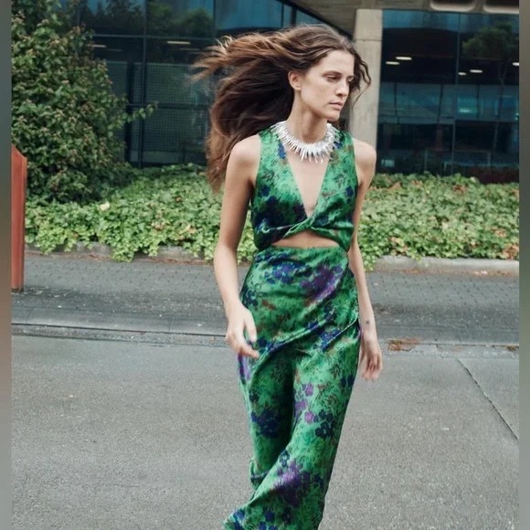 Zara Green and Purple Floral Print Satin Effect Dress with Cut Out Maxi Dress - Picture 2 of 15
